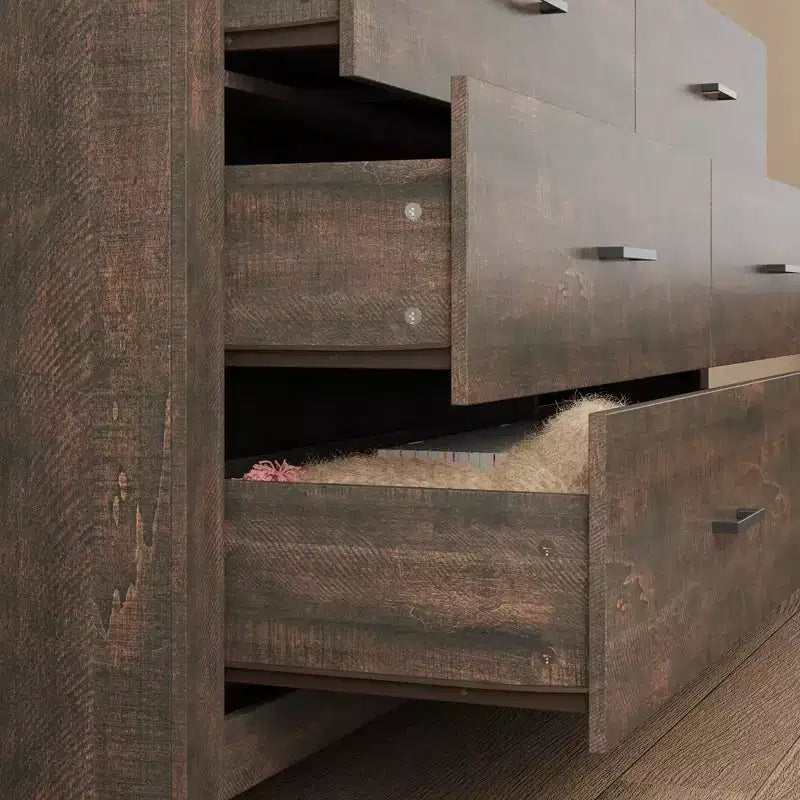 Famapy Wood Grain Dresser With Six Drawers And Black Handles For Living Room Storage