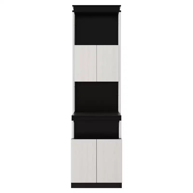 Full Size Wall Murphy Bed Multifunctional Foldable Platform Bedframe with Desk, Storage Shelves and Cabinets, Black+White-ModernLuxe