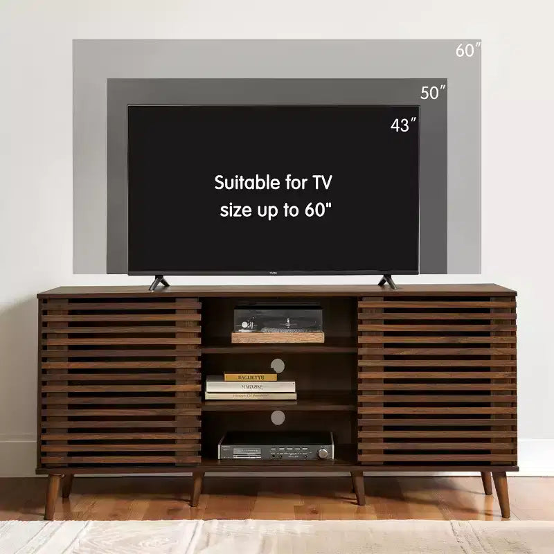 Meuble TV en bois massif pour téléviseurs jusqu'à 60 pouces avec deux portes coulissantes et rangement