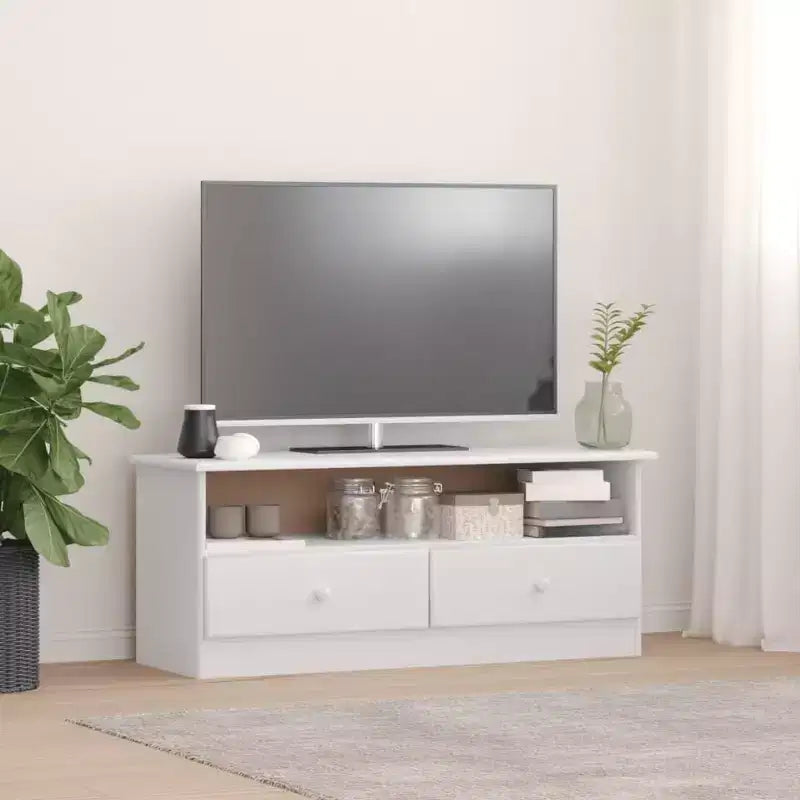 Meuble TV en bois de pin massif avec tiroirs Blanc