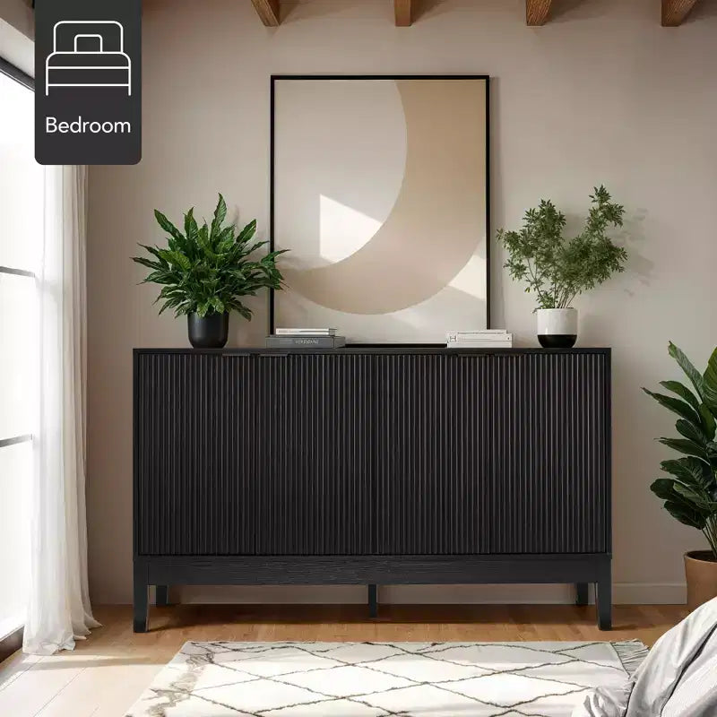 Armoire de rangement à 4 portes cannelées avec portes à fermeture douce