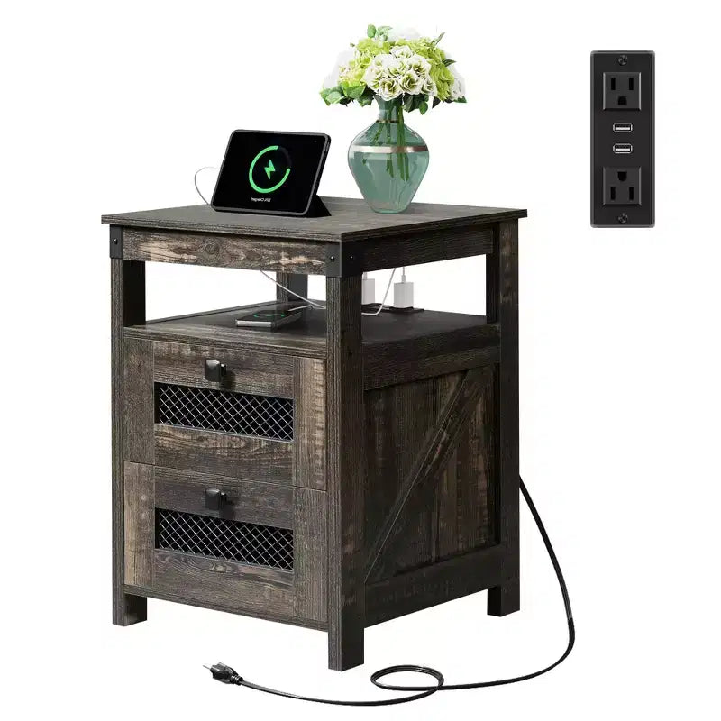 Nightstand with Charging Station, 2-Drawer End Table for Bedroom and Living Room, Farmhouse Side Table with USB Ports and Outlets, Dark Rustic Oak