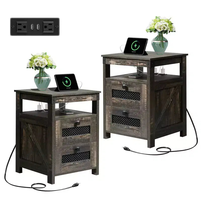 Table de chevet avec station de recharge, table d'appoint à 2 tiroirs pour chambre à coucher