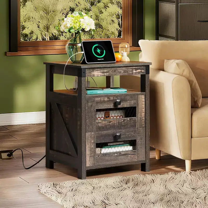 Table de chevet avec station de recharge, table d'appoint à 2 tiroirs pour chambre à coucher