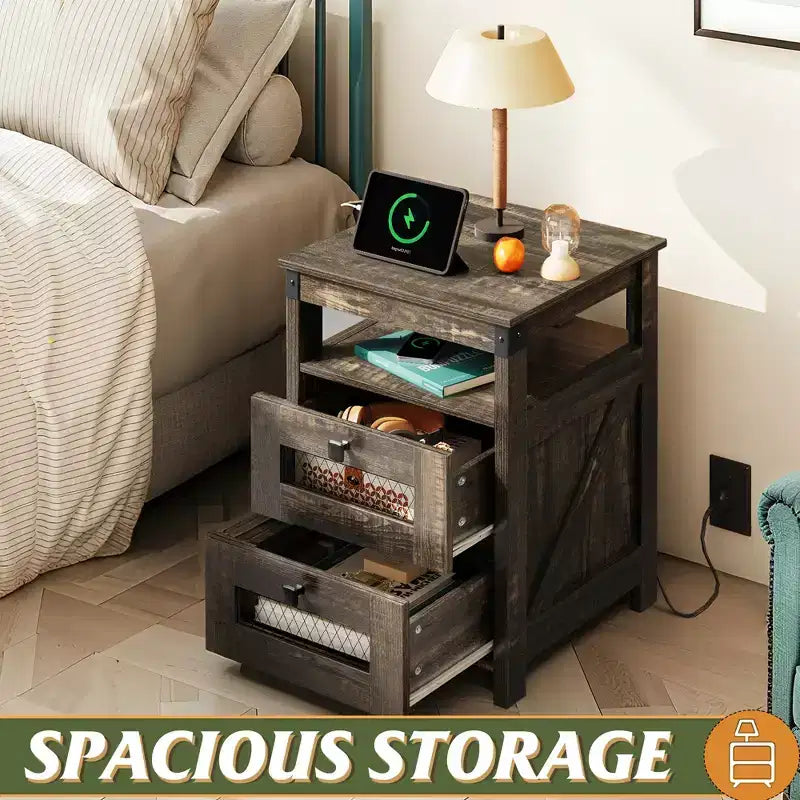 Table de chevet avec station de recharge, table d'appoint à 2 tiroirs pour chambre à coucher