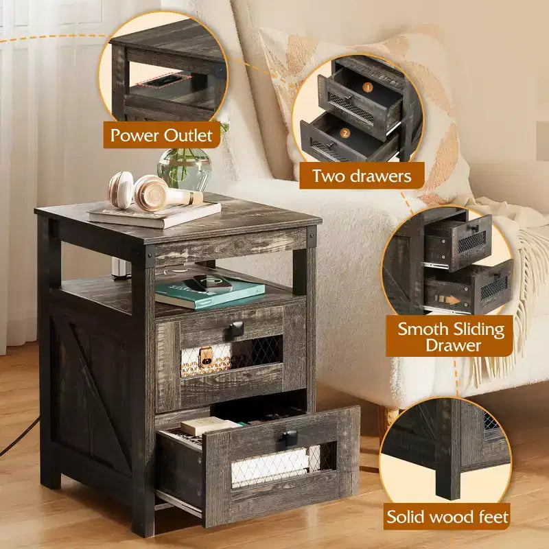 Table de chevet avec station de recharge, table d'appoint à 2 tiroirs pour chambre à coucher