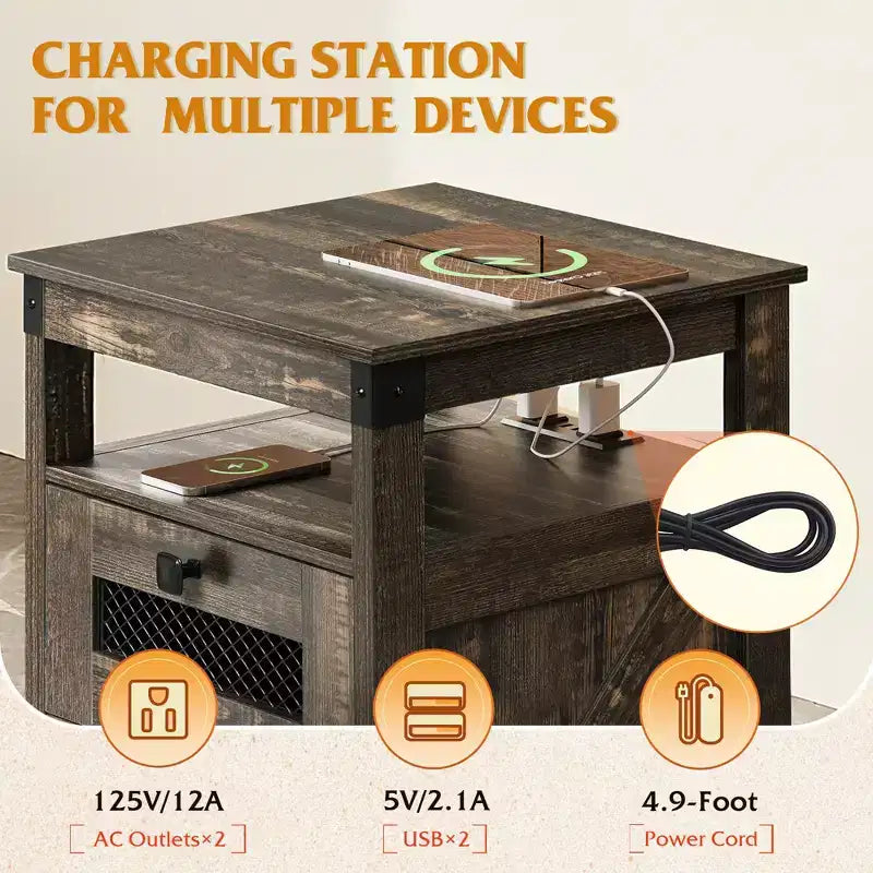 Table de chevet avec station de recharge, table d'appoint à 2 tiroirs pour chambre à coucher