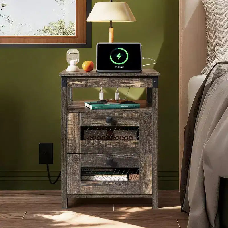 Table de chevet avec station de recharge, table d'appoint à 2 tiroirs pour chambre à coucher