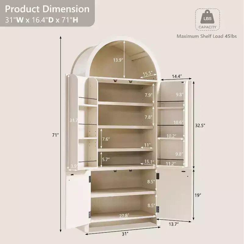 Garde-manger haut et arqué de 180 cm, armoire de rangement moderne avec 3 étagères réglables