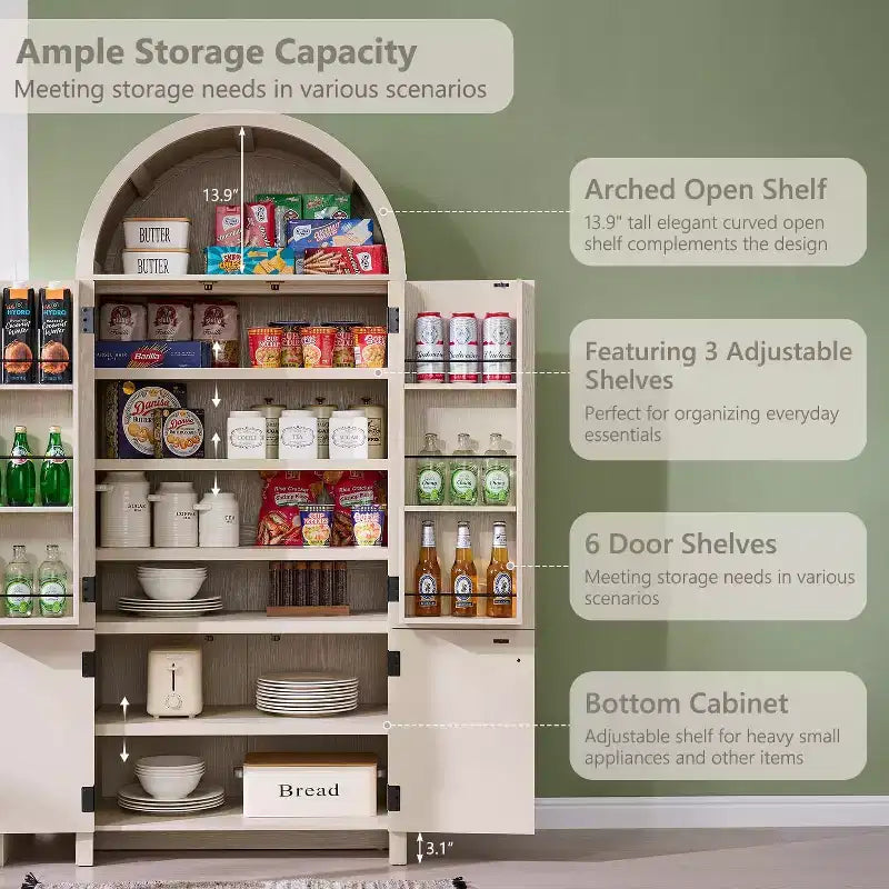 Garde-manger haut et arqué de 180 cm, armoire de rangement moderne avec 3 étagères réglables