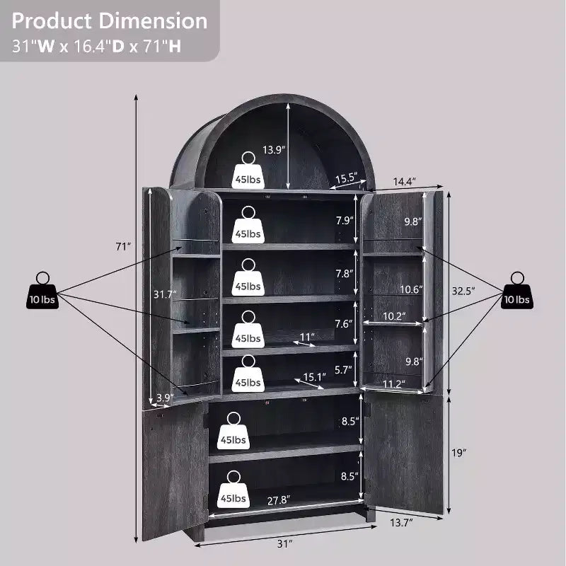 Garde-manger haut et arqué de 180 cm, armoire de rangement moderne avec 3 étagères réglables