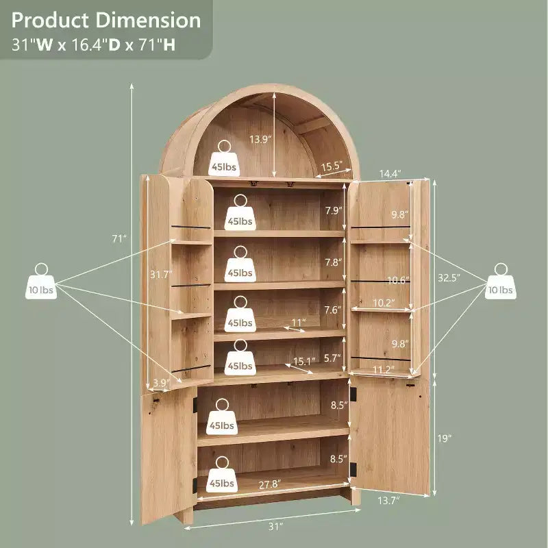 Garde-manger haut et arqué de 180 cm, armoire de rangement moderne avec 3 étagères réglables