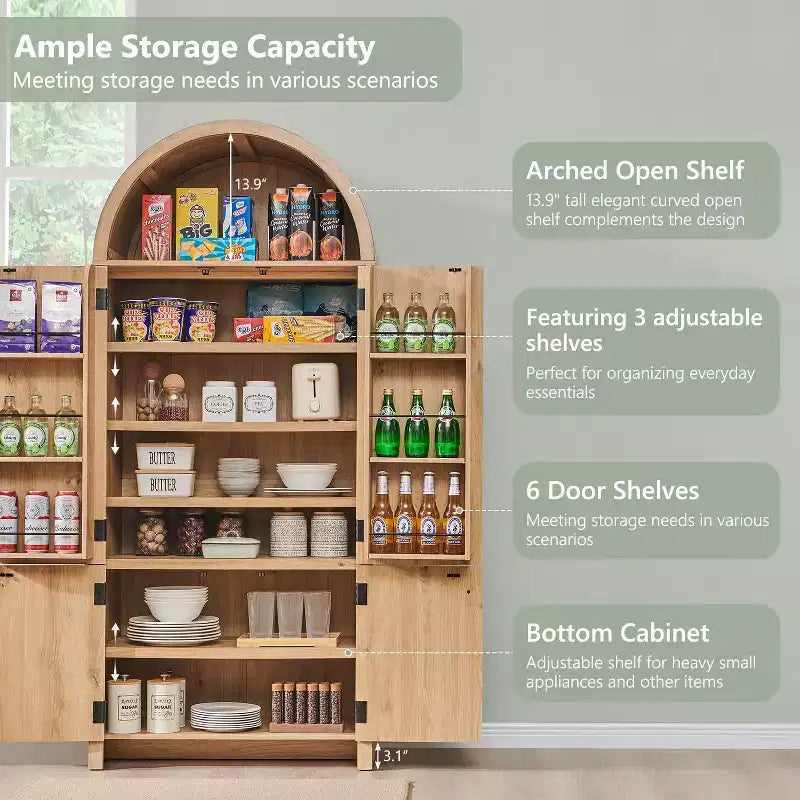 Garde-manger haut et arqué de 180 cm, armoire de rangement moderne avec 3 étagères réglables