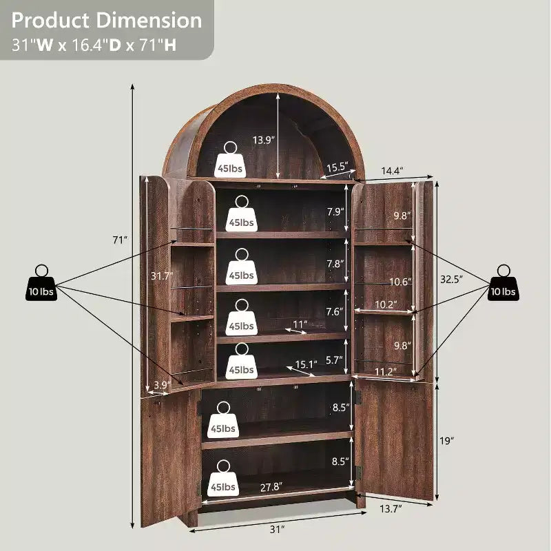 Garde-manger haut et arqué de 180 cm, armoire de rangement moderne avec 3 étagères réglables