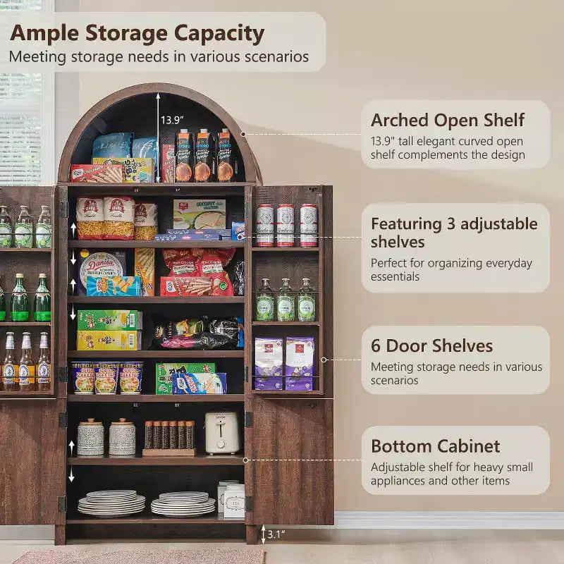 Garde-manger haut et arqué de 180 cm, armoire de rangement moderne avec 3 étagères réglables