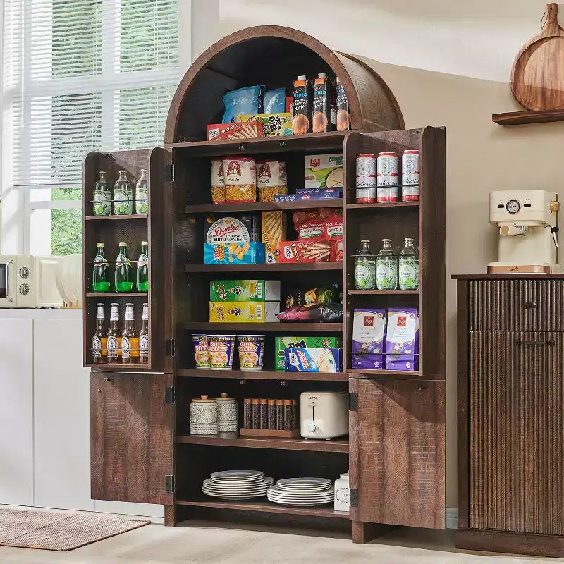 71 Tall Arched Kitchen Pantry, Modern Storage Cabinet with 3 Adjustable Shelves, 6 Door Shelves, for Kitchen, Living Room