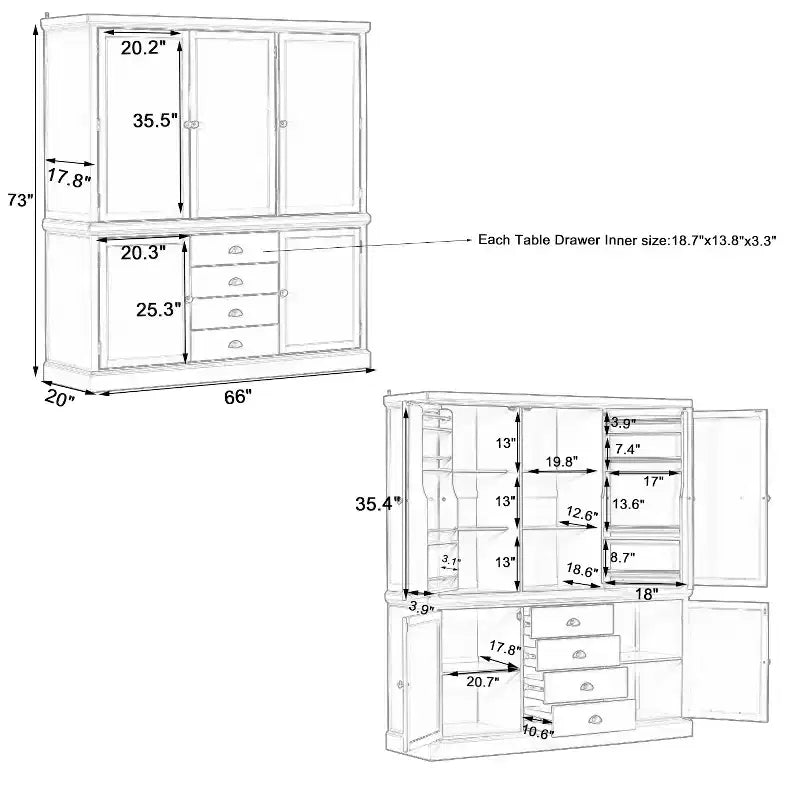Armoire de cuisine autoportante en bois avec tiroirs et étagères réglables