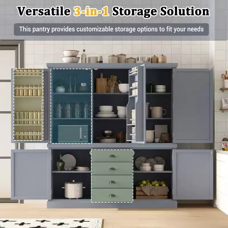Armoire de cuisine autoportante en bois avec tiroirs et étagères réglables