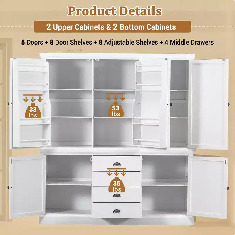 Armoire de cuisine autoportante en bois avec tiroirs et étagères réglables