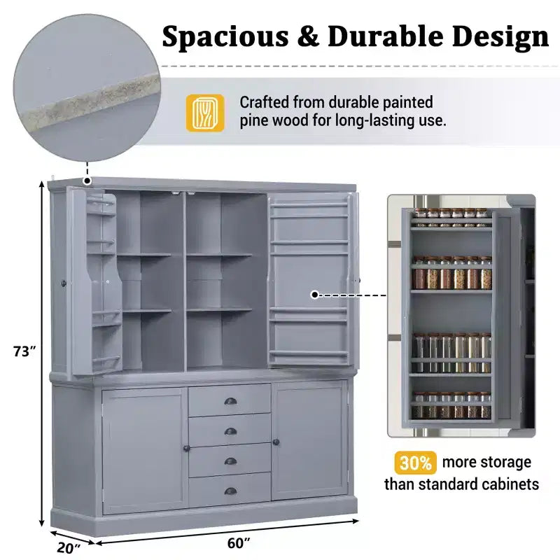 Armoire de cuisine autoportante en bois avec tiroirs et étagères réglables