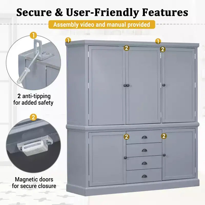 Armoire de cuisine autoportante en bois avec tiroirs et étagères réglables