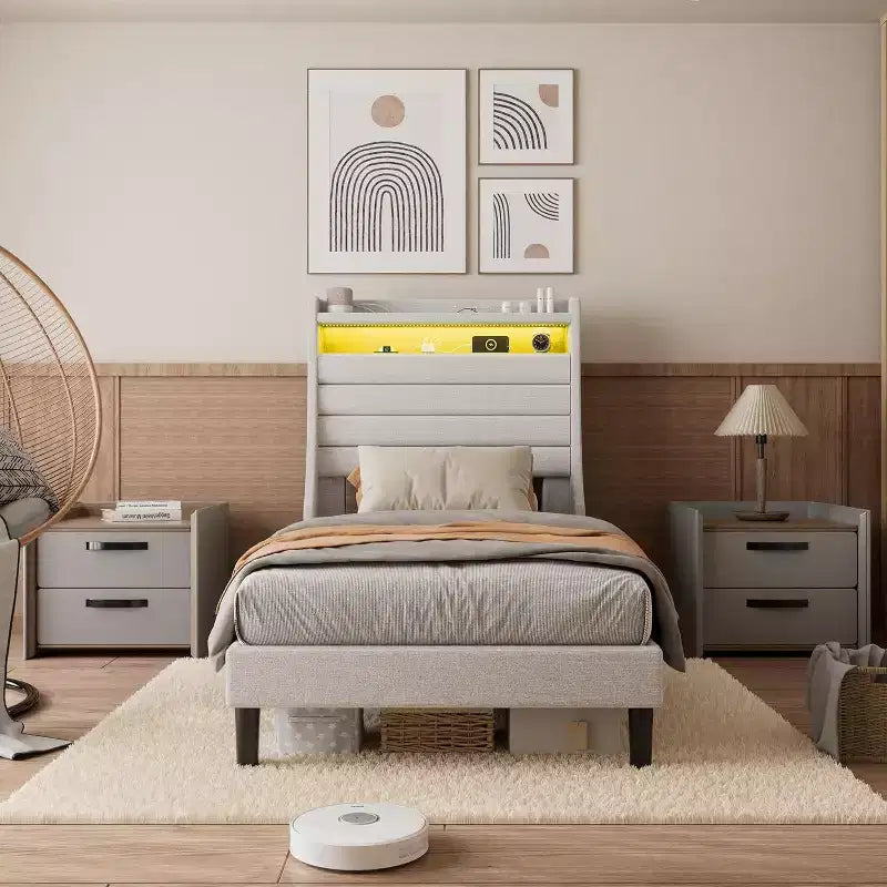 Upholstered Bed Frame with Storage Headboard, Charging Station &amp; LED Lights, Wood Slat Support, No Box Spring Required, Noise-Free.