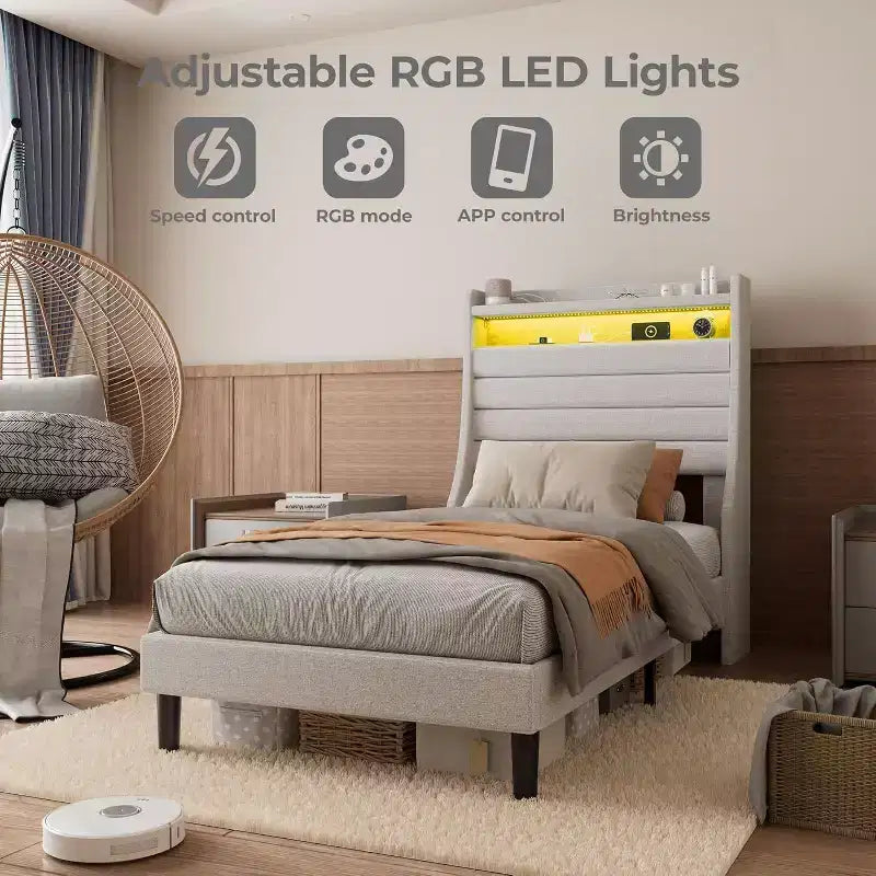 Cadre de lit rembourré avec tête de lit de rangement, lumières LED avec station de recharge