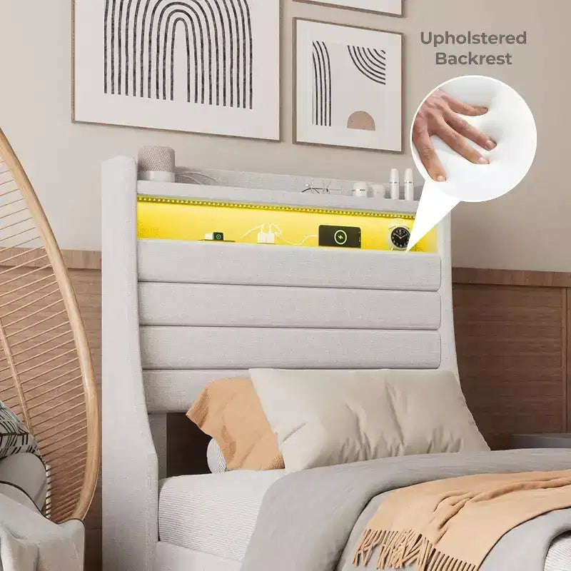 Cadre de lit rembourré avec tête de lit de rangement, lumières LED avec station de recharge