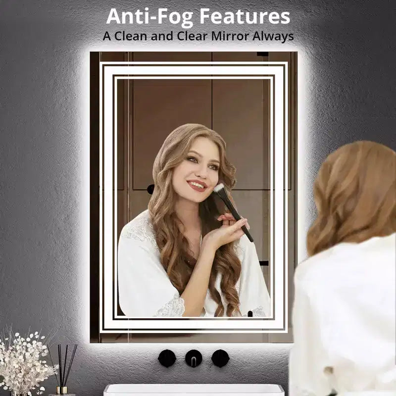 Miroir de salle de bain LED Dimmable, anti-buée, avec éclairage avant et arrière et fonction mémoire