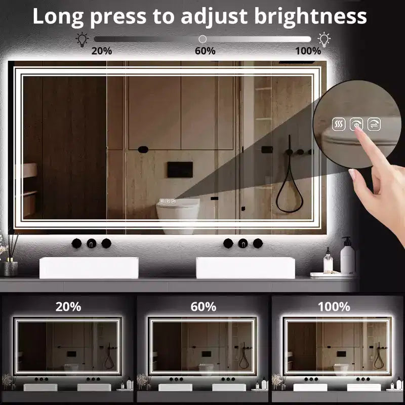 Miroir de salle de bain LED Dimmable, anti-buée, avec éclairage avant et arrière et fonction mémoire