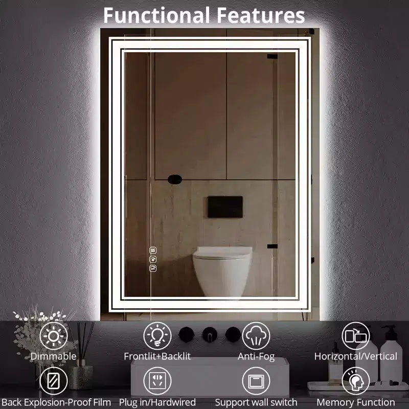 Miroir de salle de bain LED Dimmable, anti-buée, avec éclairage avant et arrière et fonction mémoire