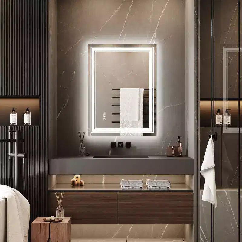 Miroir de salle de bain LED Dimmable, anti-buée, avec éclairage avant et arrière et fonction mémoire