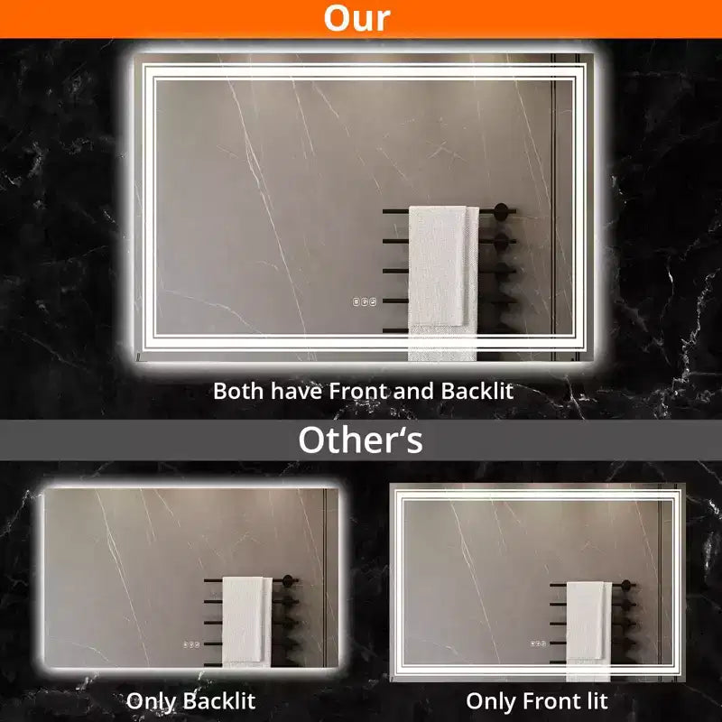Miroir de salle de bain LED Dimmable, anti-buée, avec éclairage avant et arrière et fonction mémoire