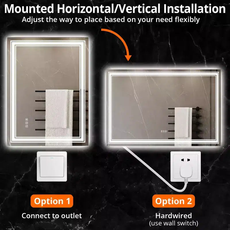 Miroir de salle de bain LED Dimmable, anti-buée, avec éclairage avant et arrière et fonction mémoire