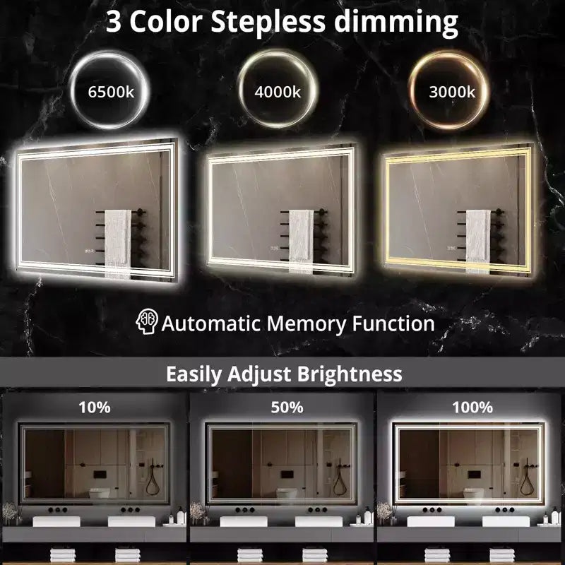 Miroir de salle de bain LED Dimmable, anti-buée, avec éclairage avant et arrière et fonction mémoire