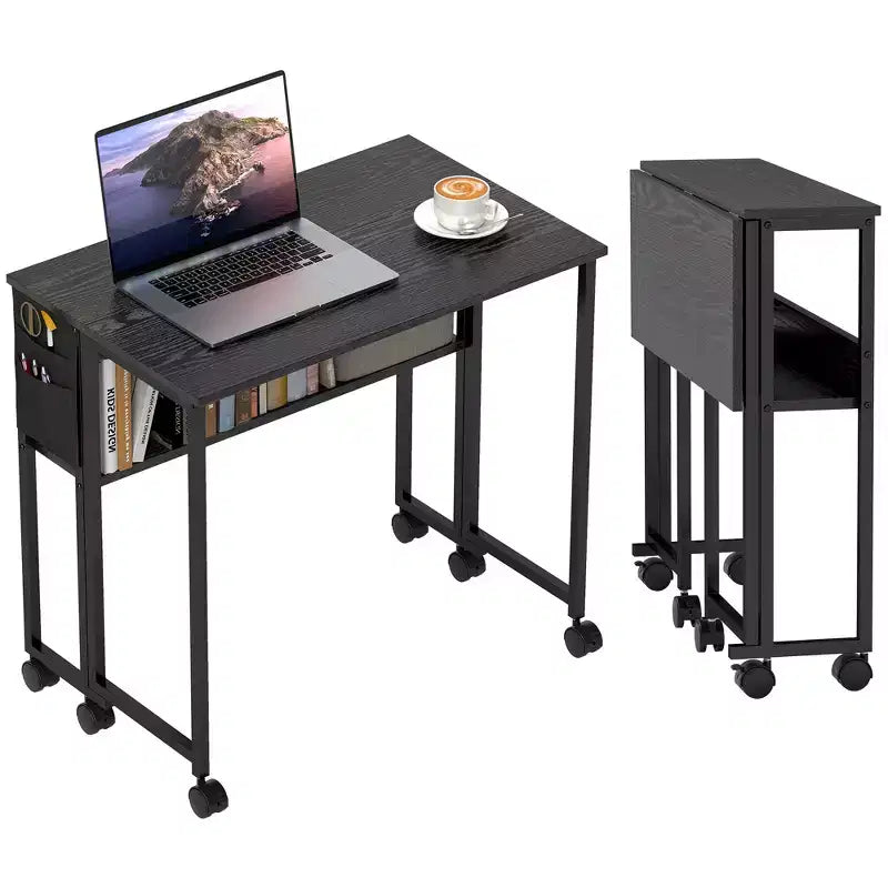 HOMCOM Small Folding Desk, 31.5 Foldable Computer Desk with Storage Bag, Shelf and Wheels for Small Spaces, Home Office, Easy Assembly