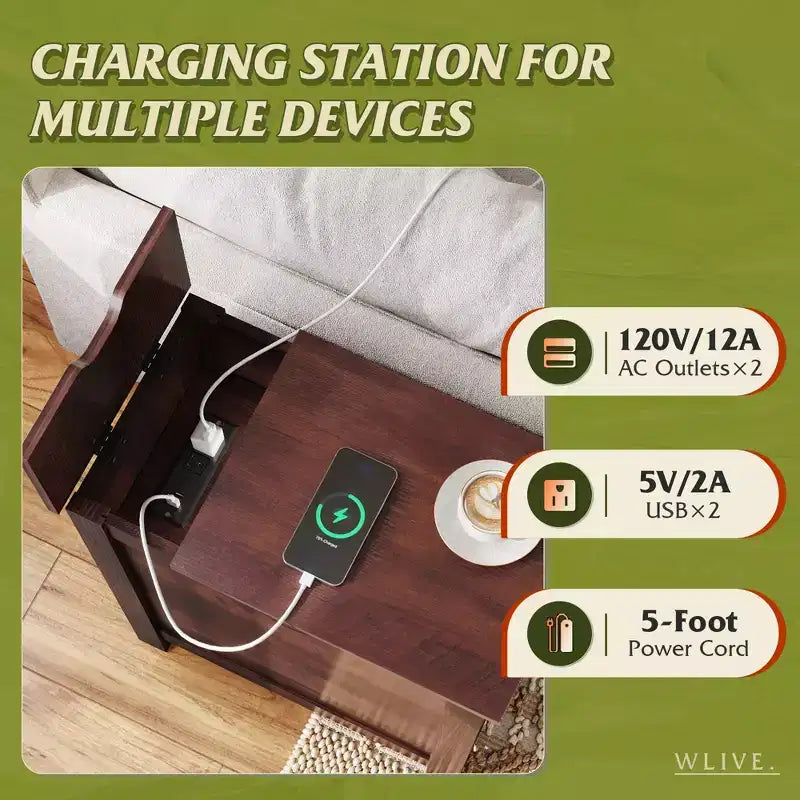 Table de Chevet de Ferme pour Salon avec Station de Recharge