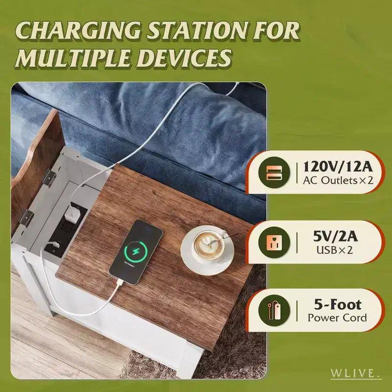 Table de Chevet de Ferme pour Salon avec Station de Recharge