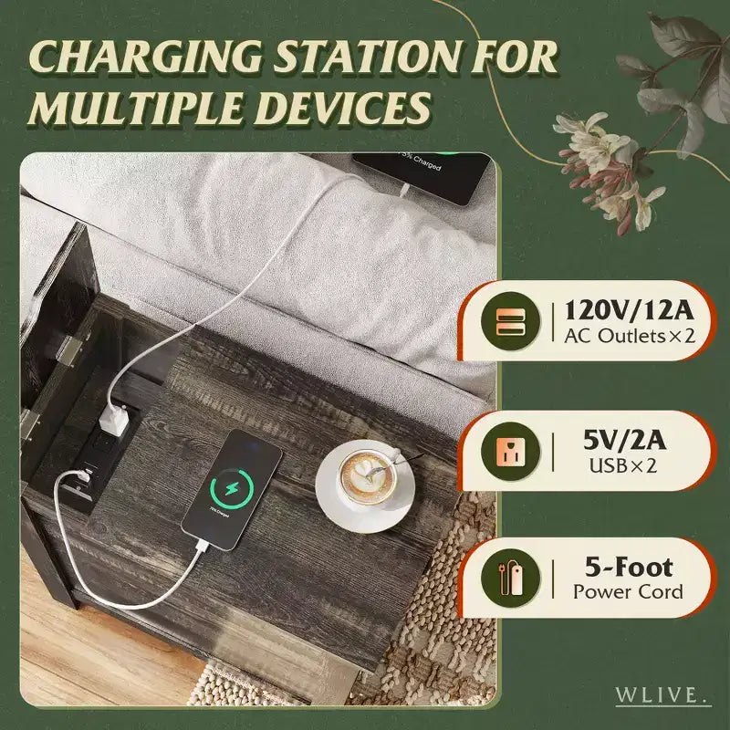 Table de Chevet de Ferme pour Salon avec Station de Recharge
