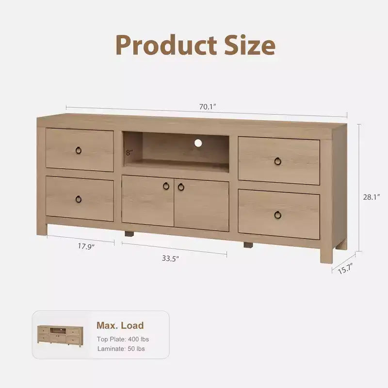 Meuble TV de style ferme pour téléviseurs de 80 pouces, long meuble de rangement avec 6 tiroirs de rangement