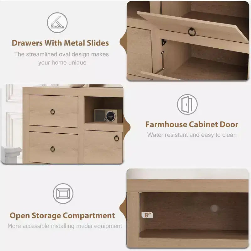 Meuble TV de style ferme pour téléviseurs de 80 pouces, long meuble de rangement avec 6 tiroirs de rangement