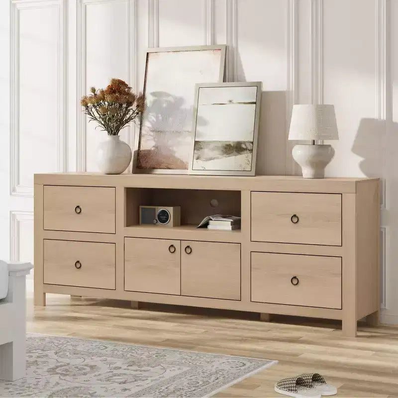 Meuble TV de style ferme pour téléviseurs de 80 pouces, long meuble de rangement avec 6 tiroirs de rangement