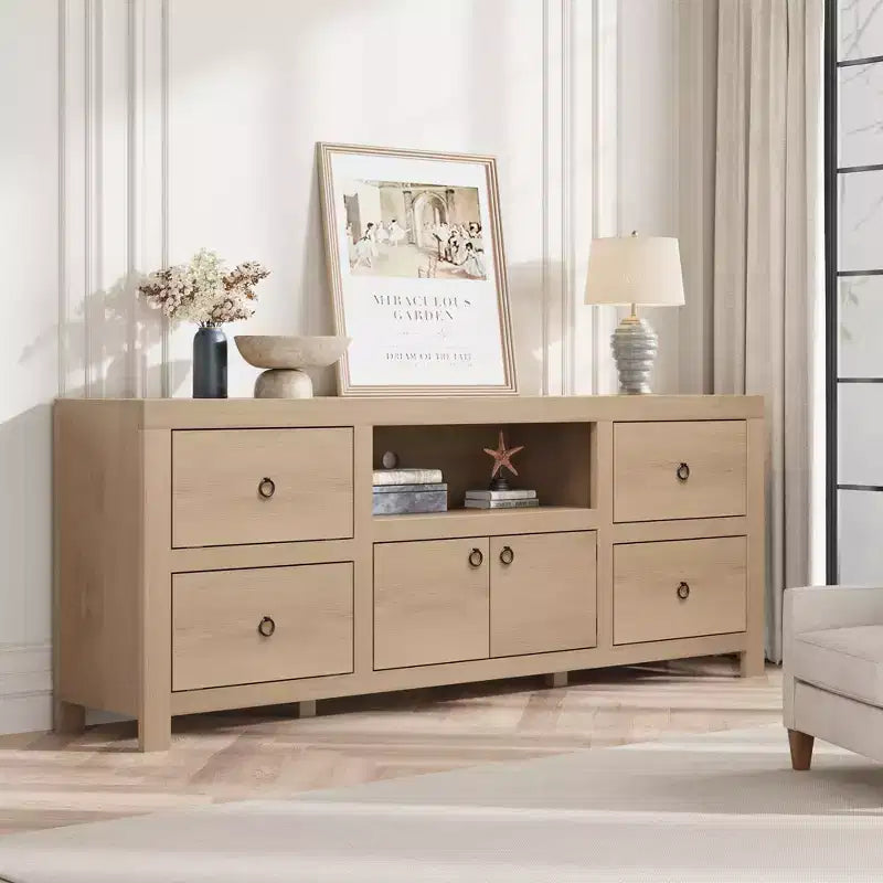 Meuble TV de style ferme pour téléviseurs de 80 pouces, long meuble de rangement avec 6 tiroirs de rangement