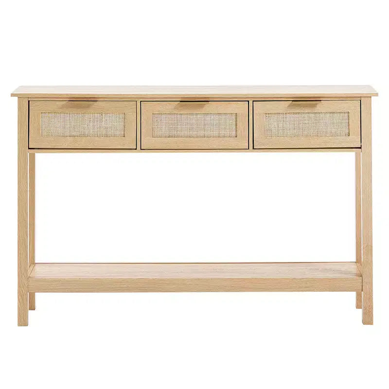 VEVOR Rattan Console Table with 3 Storage Drawers, Rattan Entryway Table with Natural Rattan Sliding Door, Console Sofa Table, Natural