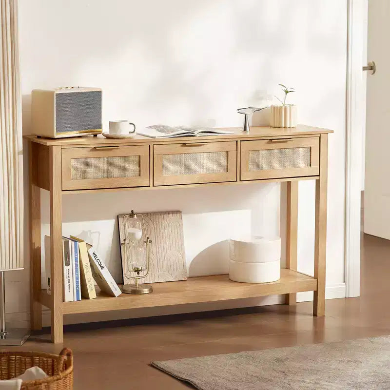 Console en rotin avec 3 tiroirs de rangement, table d'entrée en rotin