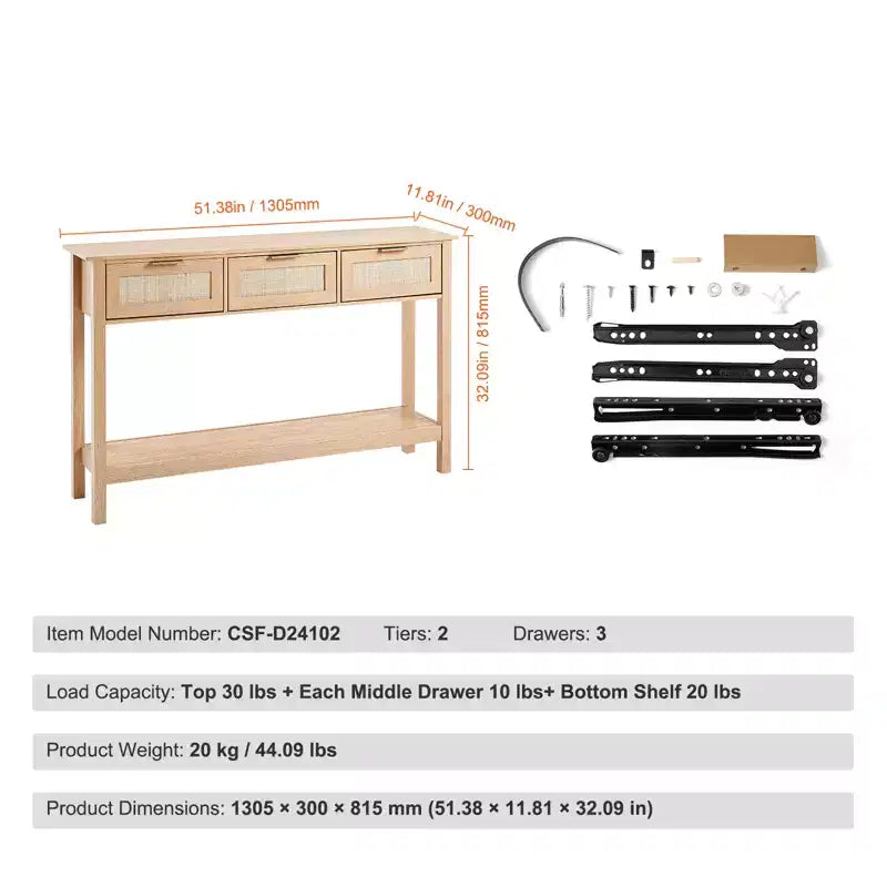 Console en rotin avec 3 tiroirs de rangement, table d'entrée en rotin