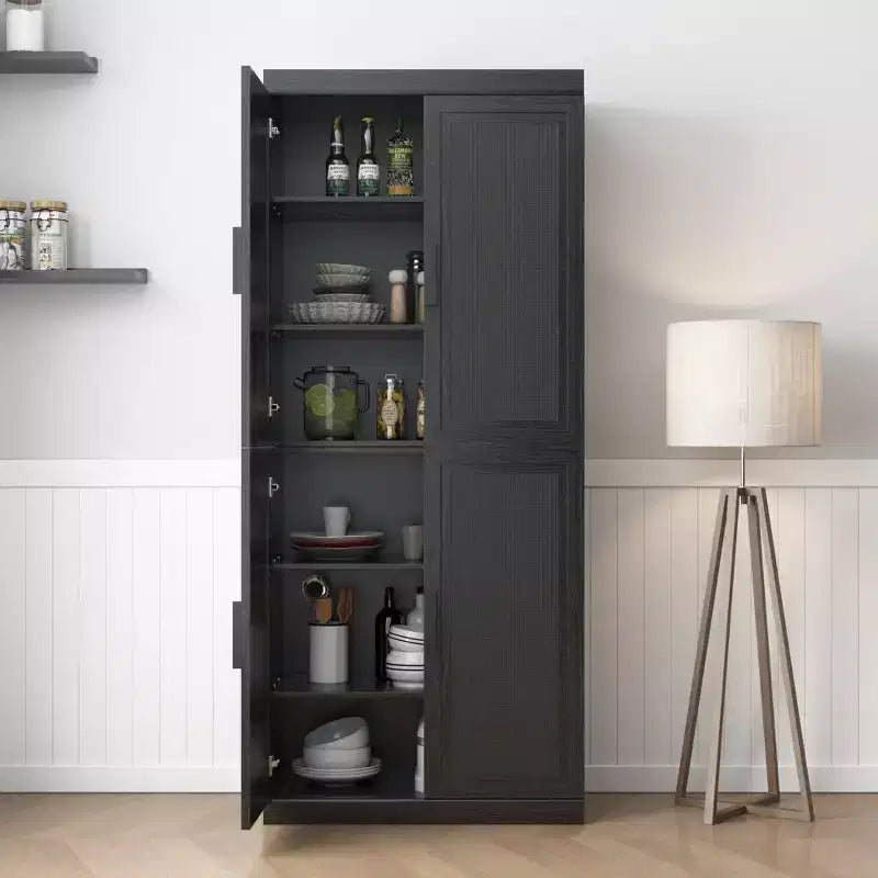 72x31x16 Wood Grain Buffet Cabinet in Black, Storage Organizer with Adjustable Shelves and Rattan Doors for Kitchen Bedroom Entryway Living Room