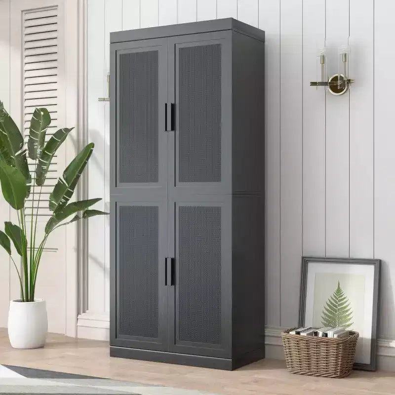 Buffet en Grain de Bois Noir, Organiseur de Rangement avec Étagères Réglables