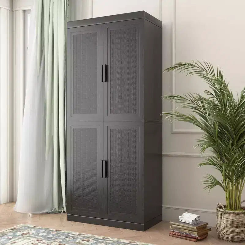 Buffet en Grain de Bois Noir, Organiseur de Rangement avec Étagères Réglables