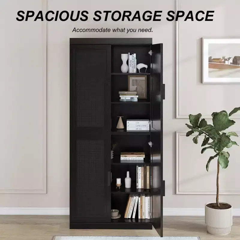 Buffet en Grain de Bois Noir, Organiseur de Rangement avec Étagères Réglables